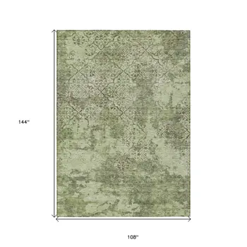 9' X 12' Artichoke Green And Fern Green Floral Washable Indoor Outdoor Area Rug