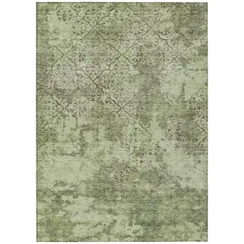 9' X 12' Artichoke Green And Fern Green Floral Washable Indoor Outdoor Area Rug