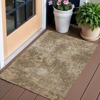 3' X 5' Brown Taupe And Ivory Floral Washable Indoor Outdoor Area Rug