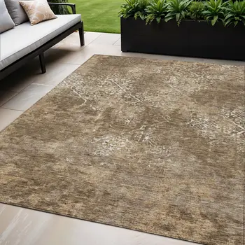 5' X 8' Brown Taupe And Ivory Floral Washable Indoor Outdoor Area Rug