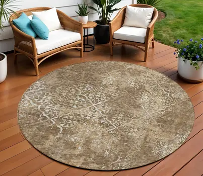 8' Brown Taupe And Ivory Round Floral Washable Indoor Outdoor Area Rug