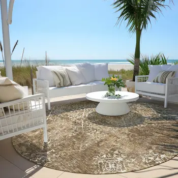 8' Brown Taupe And Ivory Round Floral Washable Indoor Outdoor Area Rug