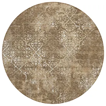 8' Brown Taupe And Ivory Round Floral Washable Indoor Outdoor Area Rug