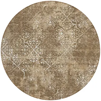 8' Brown Taupe And Ivory Round Floral Washable Indoor Outdoor Area Rug