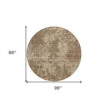 8' Brown Taupe And Ivory Round Floral Washable Indoor Outdoor Area Rug
