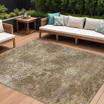 8' X 10' Brown Taupe And Ivory Floral Washable Indoor Outdoor Area Rug