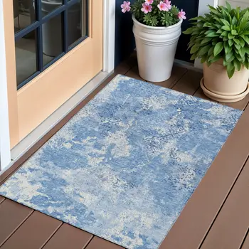 3' X 5' Denim Blue And Sky Blue Floral Washable Indoor Outdoor Area Rug