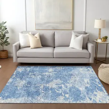 3' X 5' Denim Blue And Sky Blue Floral Washable Indoor Outdoor Area Rug