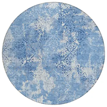 8' Denim Blue And Sky Blue Round Floral Washable Indoor Outdoor Area Rug