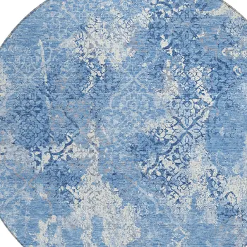 8' Denim Blue And Sky Blue Round Floral Washable Indoor Outdoor Area Rug