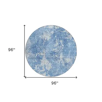 8' Denim Blue And Sky Blue Round Floral Washable Indoor Outdoor Area Rug
