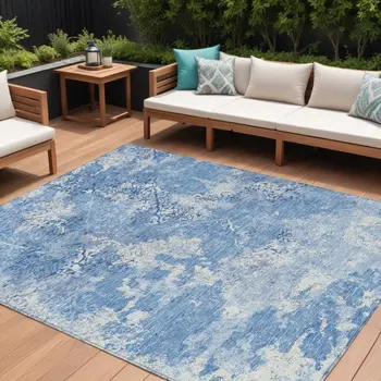 9' X 12' Denim Blue And Sky Blue Floral Washable Indoor Outdoor Area Rug