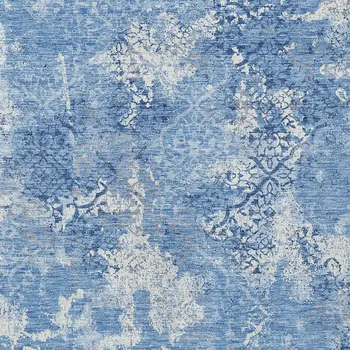 10' X 14' Denim Blue And Sky Blue Floral Washable Indoor Outdoor Area Rug