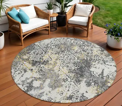 8' Charcoal Gray And Silver Round Floral Washable Indoor Outdoor Area Rug