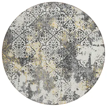 8' Charcoal Gray And Silver Round Floral Washable Indoor Outdoor Area Rug