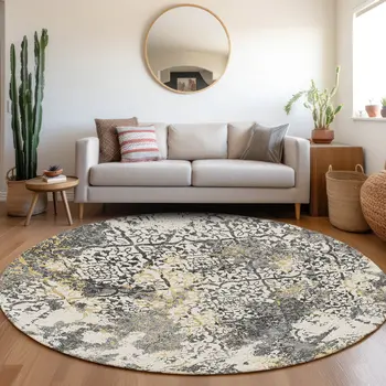 8' Charcoal Gray And Silver Round Floral Washable Indoor Outdoor Area Rug