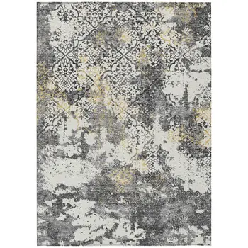 8' X 10' Charcoal Gray And Silver Floral Washable Indoor Outdoor Area Rug