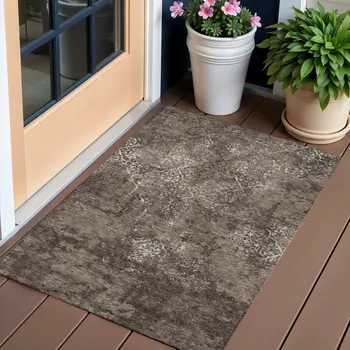 3' X 5' Brown And Ivory Floral Washable Indoor Outdoor Area Rug