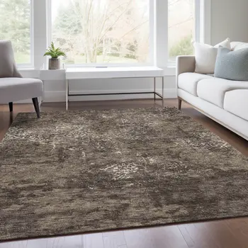 3' X 5' Brown And Ivory Floral Washable Indoor Outdoor Area Rug