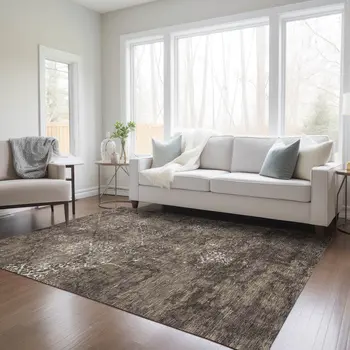 3' X 5' Brown And Ivory Floral Washable Indoor Outdoor Area Rug