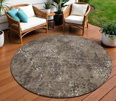 8' Brown And Ivory Round Floral Washable Indoor Outdoor Area Rug