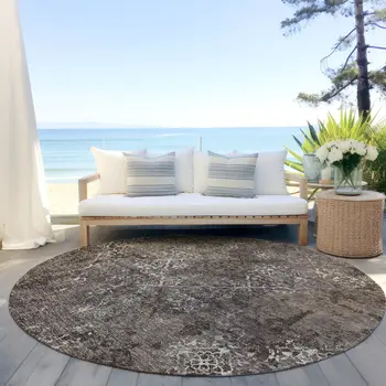 8' Brown And Ivory Round Floral Washable Indoor Outdoor Area Rug
