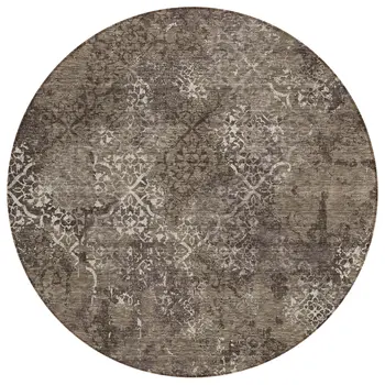 8' Brown And Ivory Round Floral Washable Indoor Outdoor Area Rug