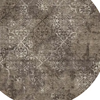 8' Brown And Ivory Round Floral Washable Indoor Outdoor Area Rug