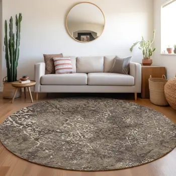 8' Brown And Ivory Round Floral Washable Indoor Outdoor Area Rug