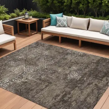 9' X 12' Brown And Ivory Floral Washable Indoor Outdoor Area Rug