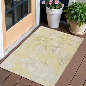 3' X 5' Gold Wheat And Beige Floral Washable Indoor Outdoor Area Rug