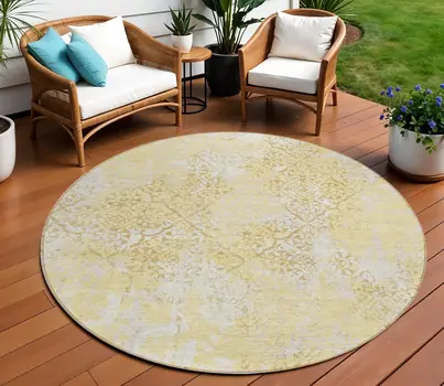 8' Gold Wheat And Beige Round Floral Washable Indoor Outdoor Area Rug
