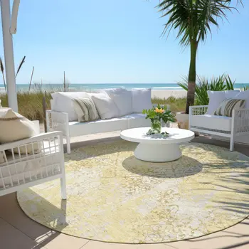 8' Gold Wheat And Beige Round Floral Washable Indoor Outdoor Area Rug