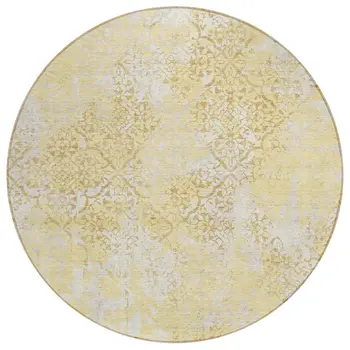 8' Gold Wheat And Beige Round Floral Washable Indoor Outdoor Area Rug