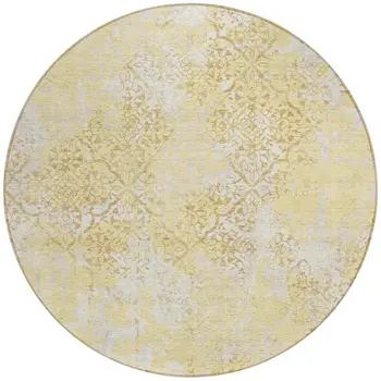 8' Gold Wheat And Beige Round Floral Washable Indoor Outdoor Area Rug