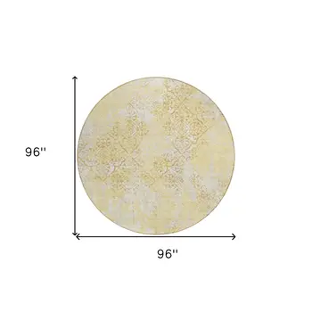 8' Gold Wheat And Beige Round Floral Washable Indoor Outdoor Area Rug