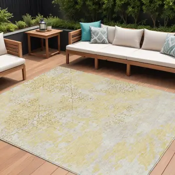 8' X 10' Gold Wheat And Beige Floral Washable Indoor Outdoor Area Rug