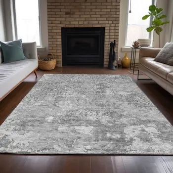 3' X 5' Gray Charcoal And Silver Floral Washable Indoor Outdoor Area Rug