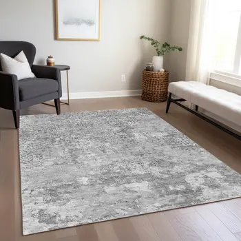 3' X 5' Gray Charcoal And Silver Floral Washable Indoor Outdoor Area Rug