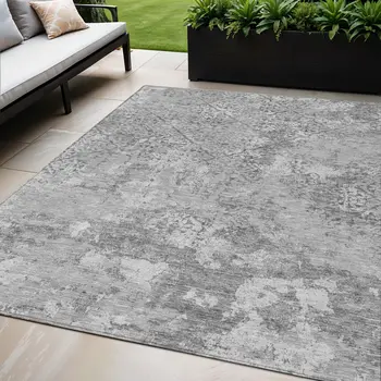 5' X 8' Gray Charcoal And Silver Floral Washable Indoor Outdoor Area Rug