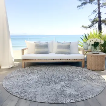 8' Gray Charcoal And Silver Round Floral Washable Indoor Outdoor Area Rug