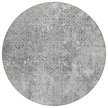 8' Gray Charcoal And Silver Round Floral Washable Indoor Outdoor Area Rug