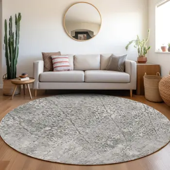 8' Gray Charcoal And Silver Round Floral Washable Indoor Outdoor Area Rug