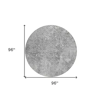 8' Gray Charcoal And Silver Round Floral Washable Indoor Outdoor Area Rug