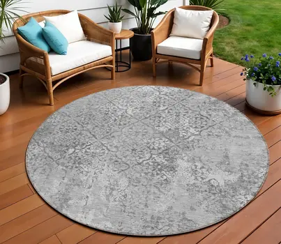 8' Gray Charcoal And Silver Round Floral Washable Indoor Outdoor Area Rug