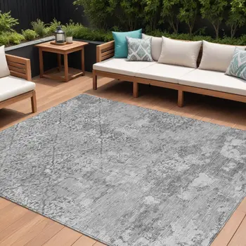 8' X 10' Gray Charcoal And Silver Floral Washable Indoor Outdoor Area Rug