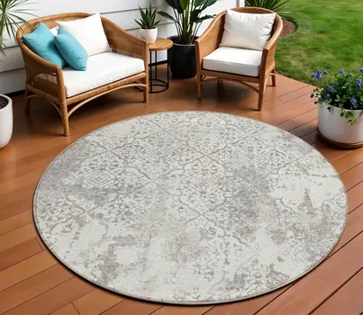 8' Ivory Beige And Taupe Round Floral Washable Indoor Outdoor Area Rug