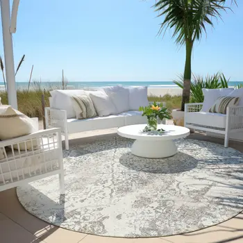 8' Ivory Beige And Taupe Round Floral Washable Indoor Outdoor Area Rug