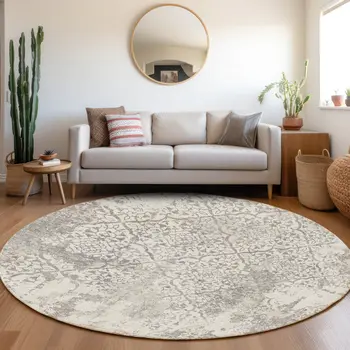 8' Ivory Beige And Taupe Round Floral Washable Indoor Outdoor Area Rug