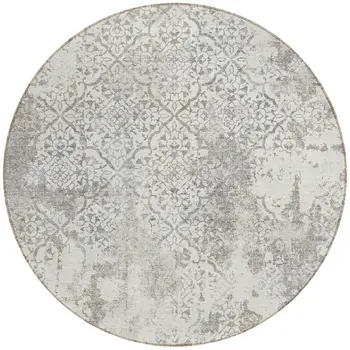 8' Ivory Beige And Taupe Round Floral Washable Indoor Outdoor Area Rug
